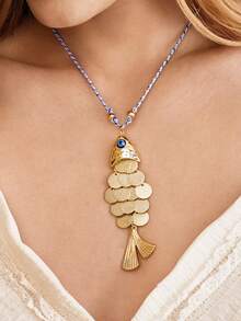 Nocturel 1pc 3D Movable Fish Pendant Gold Long Necklace For Women, Summer Vacation Accessory, Gift For Her - Multicolor - View 5