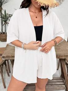 SHEIN VCAY Plus Size Women Solid Color Mid-Sleeve Top And Shorts Casual Daily 2 Pieces Set - White - View 4