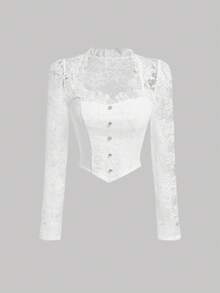 SHEIN MOD Lace Floral Patchwork Long Sleeve Women's Top - White - View 4