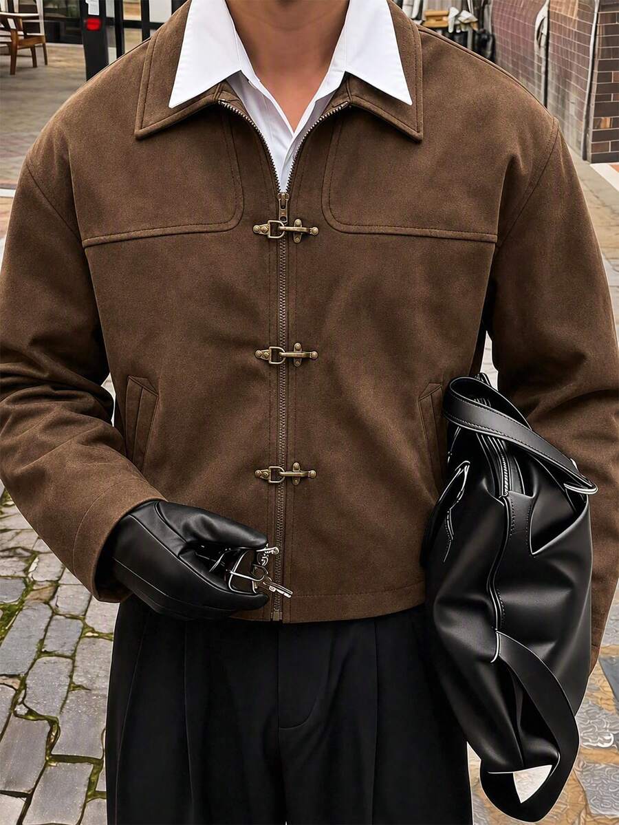 AXEPEAK Men's Solid Color Airplane Buckle Design Long Sleeve Casual Jacket - Brown - View 1