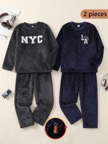 Genkimix Kids 男童字母刺繡皇家藍抓絨長袖上衣與長褲居家休閒套裝 - 黑色 - 查看 1