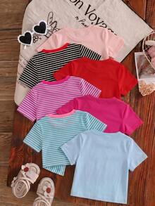 7 piezas de camisetas casuales de tacto suave para niñas jóvenes, diseño sólido/rayado, adecuadas para verano, regreso a la escuela, primavera, otoño, invierno, diseño sólido+rayado con cuello en contraste, estilo americano, se envían 2 piezas al azar - Multicolor - Ver 2