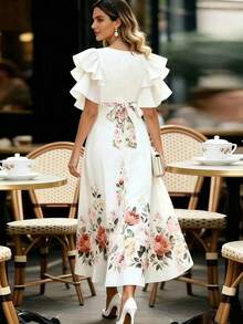 SHEIN LUNE Vestido elegante con volantes en capas y dobladillo, adecuado para ir al trabajo - Blanco - Ver 2