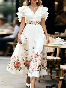 SHEIN LUNE Vestido elegante con volantes en capas y dobladillo, adecuado para ir al trabajo - Blanco - Ver 5