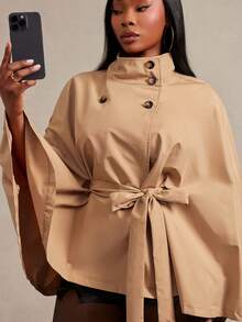 Radiana Plus Size Women's Autumn/Winter Versatile Black Tie-Waist Short Batwing Sleeve Cape Style Trench Coat Jacket Office Work Elegant Fall - Khaki - View 7