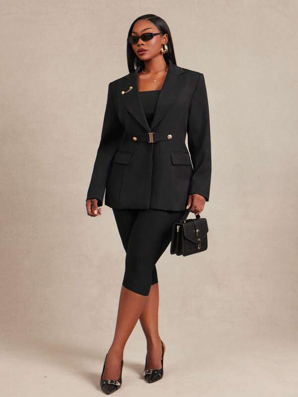 Radiana Plus Size Women's Autumn/Winter Fashion Elegant Urban Modern Metal Buckle Decor Fitted Blazer, Suitable For Commuting, Meetings, Formal Occasions, Office, Office Siren
