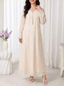 Al Najma Women's Elegant Embroidered Arabian Dress - Apricot - View 7