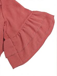 Linhara Blus Wanita Ukuran Plus dengan Detail Kerut dan Lengan Berlapis Ganda Warna Coral, Cocok untuk Brunch, Liburan, Musim Gugur, Kasual, Elegan, Gaya Boho, dan Formal. - Hot Pink - View 4