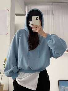 DAZY Women's Solid Color Hooded Oversized Short Sweatshirt - Blue - View 4