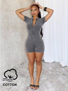 SHEIN BAE 女款前拉鍊短袖休閒連身褲 - 灰色 - 查看 5
