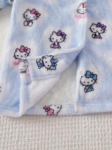 HELLO KITTY AND FRIENDS | SHEIN 聯名款少女秋冬新款可愛印花舒適保暖柔軟雙面法蘭絨開襟翻領長袖褲子2件式居家服套裝1套 - 藍色 - 查看 5