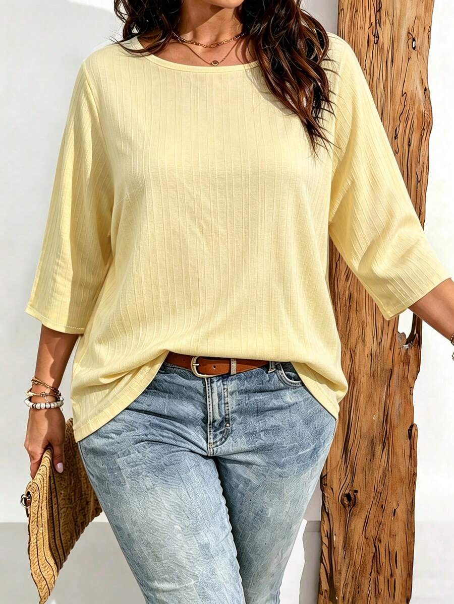 EMERY ROSE Plus Size Women's Solid Color Round Neck Casual 3/4 Sleeve Blouse Fall - Yellow - View 1