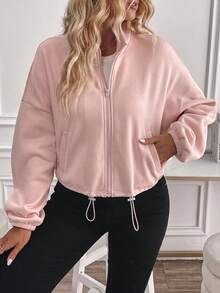 SHEIN Tall CURVE Plus Size Minimalist Zipper Long Sleeve Pocket Drawstring Sweatshirt - Baby Pink - View 5
