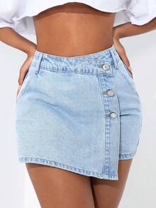 SHEIN PETITE 女款鈕扣休閒日常牛仔裙褲 - 藍白色 - 查看 4