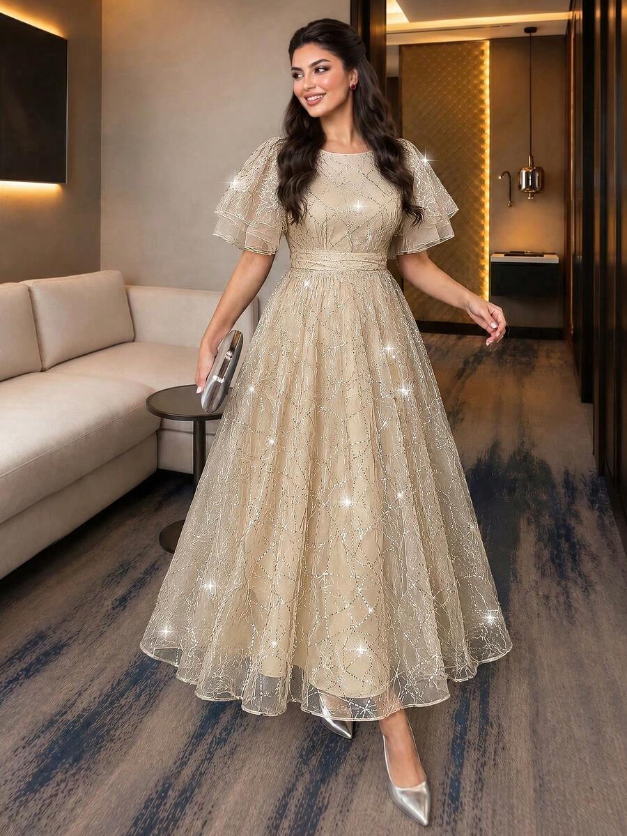 Auveirra Plus Size Women's Elegant Champagne Sequin Waist-Cinched Evening Dress For Party And Bridesmaid Sequin Dress Formal Dress Elegant Dresses For Summer - Gold - View 1