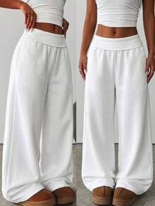 SHEIN Teen Girl Solid Color Casual Versatile Daily Wear Wide Leg Sweatpants - White - View 3