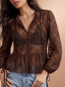 WESTFADE Blusa de malla transparente con lunares, cuello alto, lazo delantero, volantes, peplum y manga larga, linda para otoño - Marrón - Ver 4