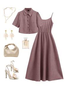 SHEIN Clasi Women's New Elegant Denim Effect Shirt & Camisole Dress 2-Piece Set, Suitable For Commuting And Multiple Occasions - Dusty Purple - View 9