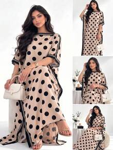 Yasveil Women's Spring/Summer Woven Digital Placement Print Burnout Polka Dot Long Sleeve Ruched One-Piece Elegant Casual Dress - Multicolor - View 14