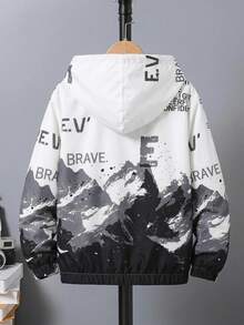 SHEIN 青少年男孩字母印花拉鍊長袖連帽外套 - 黑與白 - 查看 2