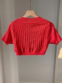 SHEIN EZwear 紅色短袖針織開襟衫 - 紅色 - 查看 2