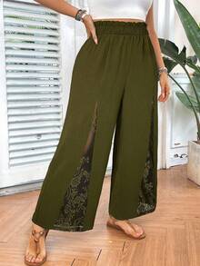 SHEIN VCAY Plus Size Solid Color Elastic Waist Elegant Lace Patchwork Pants - Olive Green - View 3