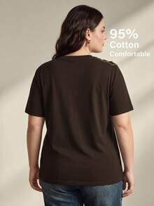 Anewsta Kaos Lengan Pendek Kasual Serbaguna untuk Wanita Ukuran Besar dengan Motif Bunga, Cocok untuk Sehari-hari - Coffee Brown - View 2