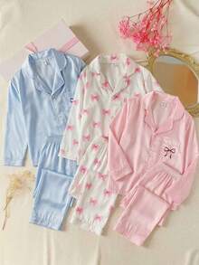 SHEIN 女童藍色純色極簡優雅長袖秋冬休閒寬鬆兩件式居家服套裝，翻領緞面蝴蝶結，柔軟舒適可愛 - 藍色 - 查看 8