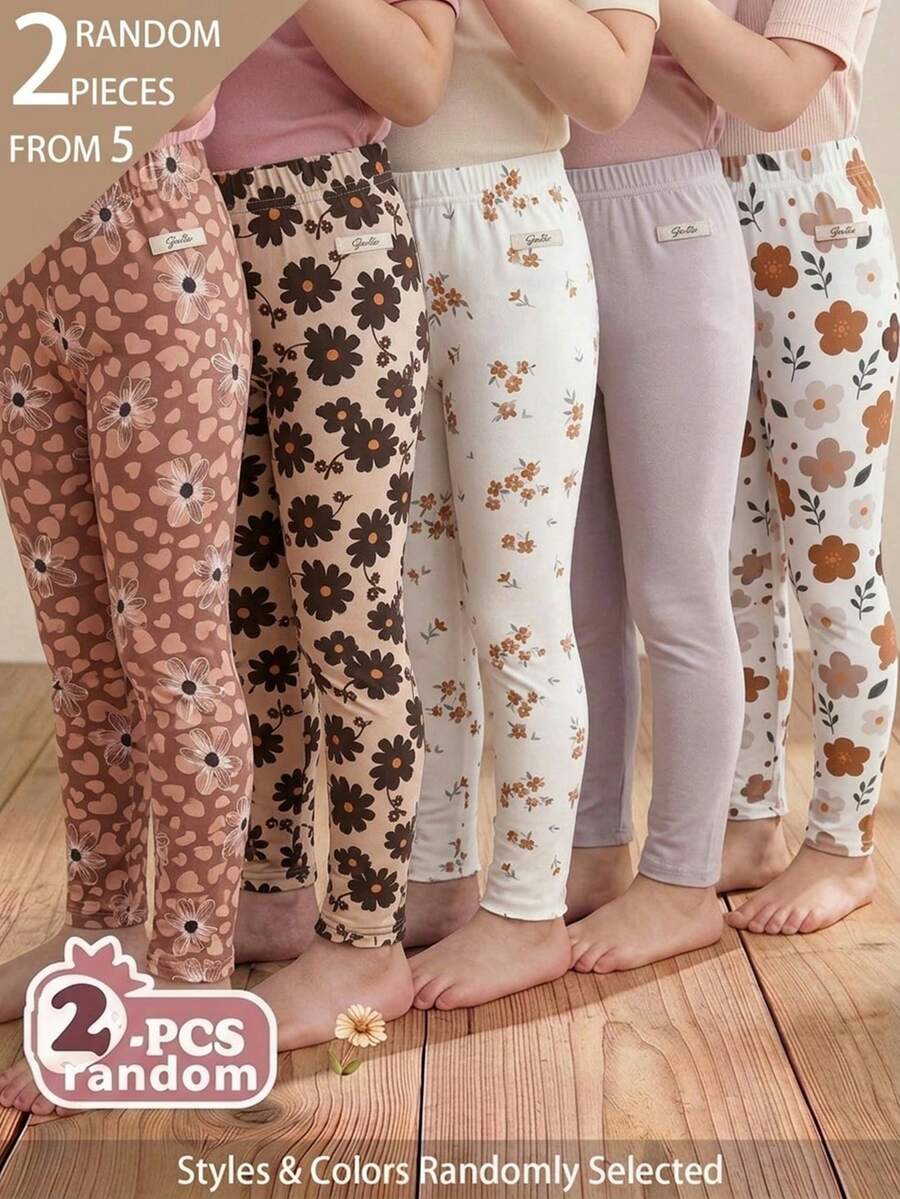 Souflis Souflis Set de 5 piezas de leggings de punto acanalado para niña, envío aleatorio de 2 piezas, estampado floral, estilo dulce y lindo, versátiles, suaves y cómodos, para primavera, verano y todas las estaciones - Multicolor - Ver 1