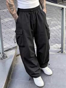 Manfinity CasualCool 男士黑色長褲，彈性腰多口袋工裝褲，寬鬆休閒時尚百搭直筒褲，可調節束口褲腳 - 黑色 - 查看 1