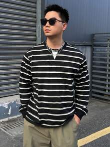 DAZY Spring/Autumn Black & White Striped Knit Fabric Crew Neck Patchwork Triangle Sleeve Ribbed Cuff Men's T-Shirt Long Sleeve Tops - Multicolor - View 5