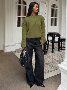 SHEIN BAE Sweater Pullover Off-Shoulder Wanita Reguler - Hijau - View 5