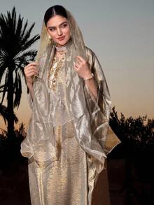 Al Najma 女士宽松V领蝙蝠袖流苏设计阿拉伯风格连衣裙 - 粉色 - 查看 6