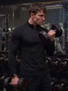 GymBeat 男士半拉鍊落肩袖健身夾克 素黑冬季運動休閒修身健身壓縮排汗四向彈性運動衫 - 黑色 - 查看 6