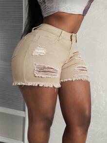 Slaydiva Plus Size Women Pockets Distressed Raw Hem Casual Denim Shorts - Khaki - View 5