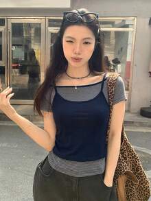 DAZY 女款層次感掛脖短袖T恤，設計感辣妹修身百搭上衣 - 灰色 - 查看 4