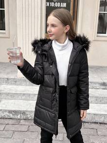 SHEIN Tween女孩休閒連帽拉鍊長款加厚外套，附口袋，百搭冬季黑色外套，秋季端莊約會穿搭，女孩Tween女孩冬季外套 - 黑色 - 查看 5