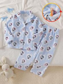 HELLO KITTY AND FRIENDS | SHEIN 聯名款少女秋冬新款可愛印花舒適保暖柔軟雙面法蘭絨開襟翻領長袖褲子2件式居家服套裝1套 - 藍色 - 查看 1