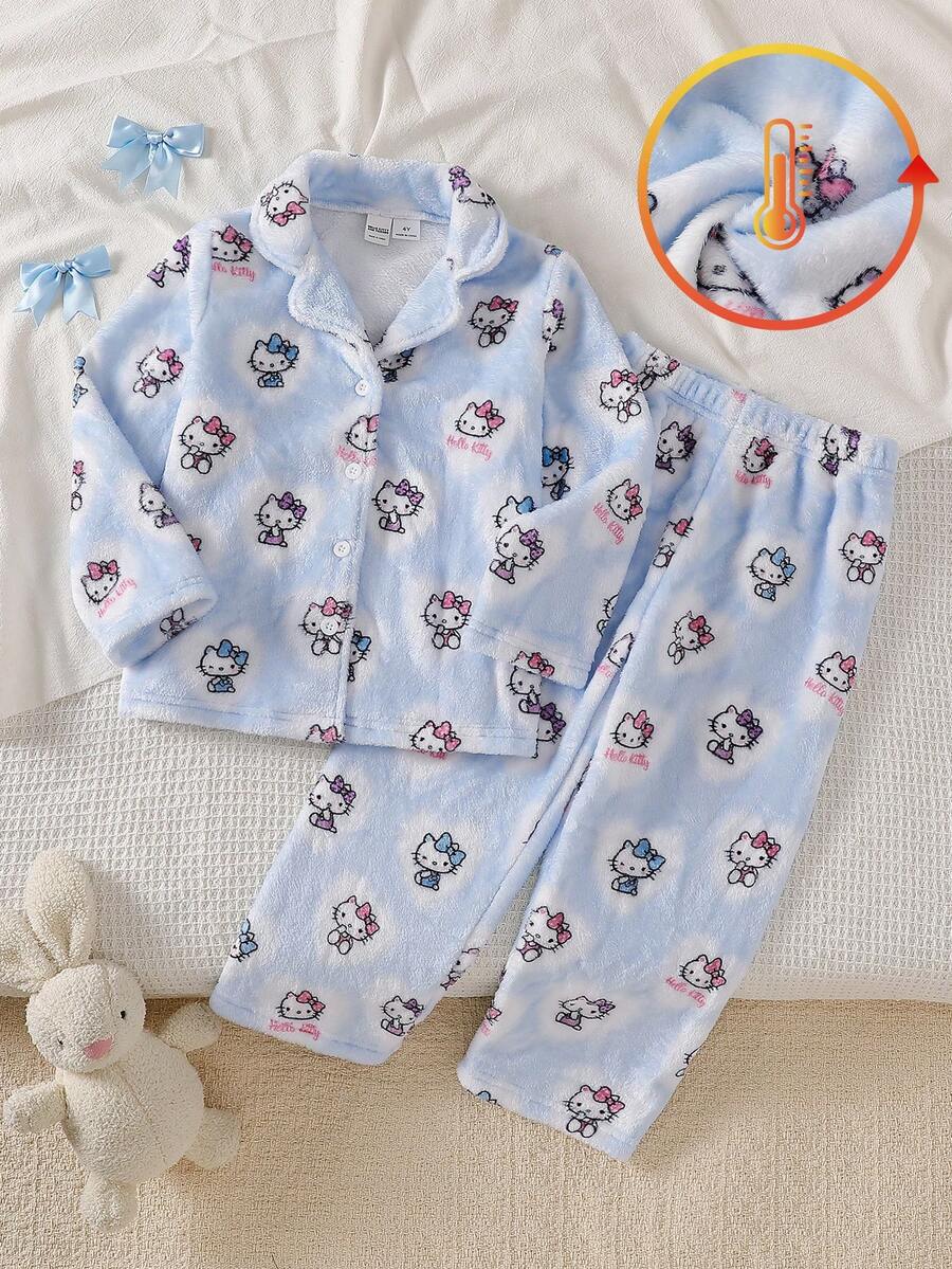 HELLO KITTY AND FRIENDS | SHEIN 聯名款少女秋冬新款可愛印花舒適保暖柔軟雙面法蘭絨開襟翻領長袖褲子2件式居家服套裝1套 - 藍色 - 查看 1