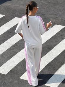 Muchica 女款夏季新款復古街頭風粉白條紋編織肩帶拼接休閒寬鬆兩件套日常穿搭 - 白色 - 查看 2