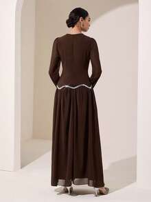 Graceveil Brown Round Neck Petal Sleeve Middle Eastern Gentle Style Sequin Wavy Hem Long Chiffon Dress - Coffee - View 2