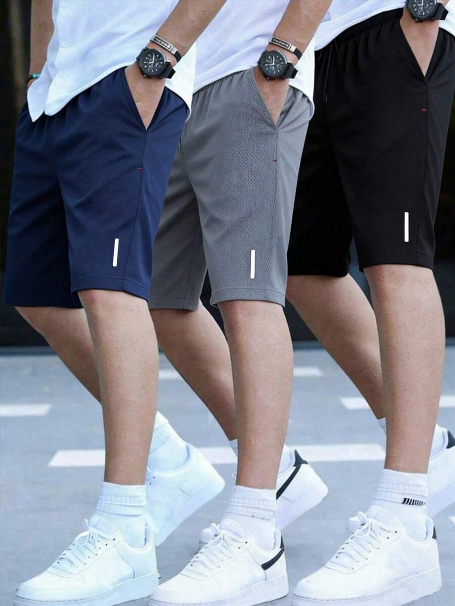 SHEIN 3件組男孩休閒對比色反光條紋短褲套裝，黑色/灰色/藍色，適合運動、居家、學校、校園、大學穿著