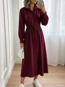 Louniche Gaun Wanita Elegan Lengan Panjang dengan Kerah Kemeja Bertali Depan Warna Merah Marun - Merah - View 4