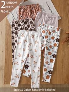 Souflis Souflis Set de 5 piezas de leggings de punto acanalado para niña, envío aleatorio de 2 piezas, estampado floral, estilo dulce y lindo, versátiles, suaves y cómodos, para primavera, verano y todas las estaciones - Multicolor - Ver 2