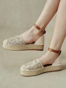 Styleloop Ladies Retro Gold Vacation Hollow Woven Pull-Up Belt Hemp Rope Platform Shoes - Gold - View 4