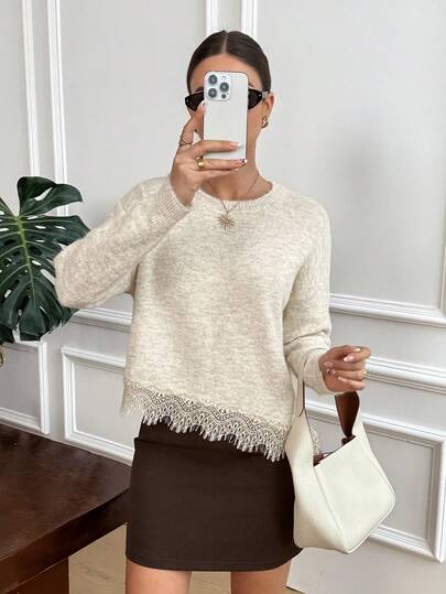 Serisse Women's Solid Color Round Neck Long Sleeve Lace Hem Patchwork Sweater