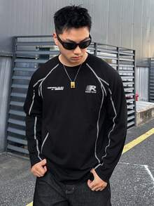 DAZY Black Spring/Autumn Thin Knit Fabric Men's T-Shirt With Letter Print On Chest And Back, White Decorative Stitching, Streetwear Style - Black - View 2