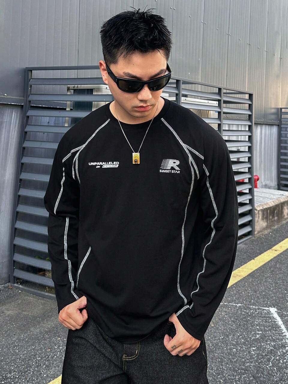 Black Spring/Autumn Thin Knit Fabric Men's T-Shirt With Letter Print On Chest And Back, White Decorative Stitching, Streetwear Style
