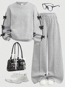 SHEIN Girlism 青少年女孩秋冬時尚灰黑蝴蝶結裝飾圓領長袖上衣與寬腿長褲運動衫套裝，返校季 - 灰色 - 查看 1