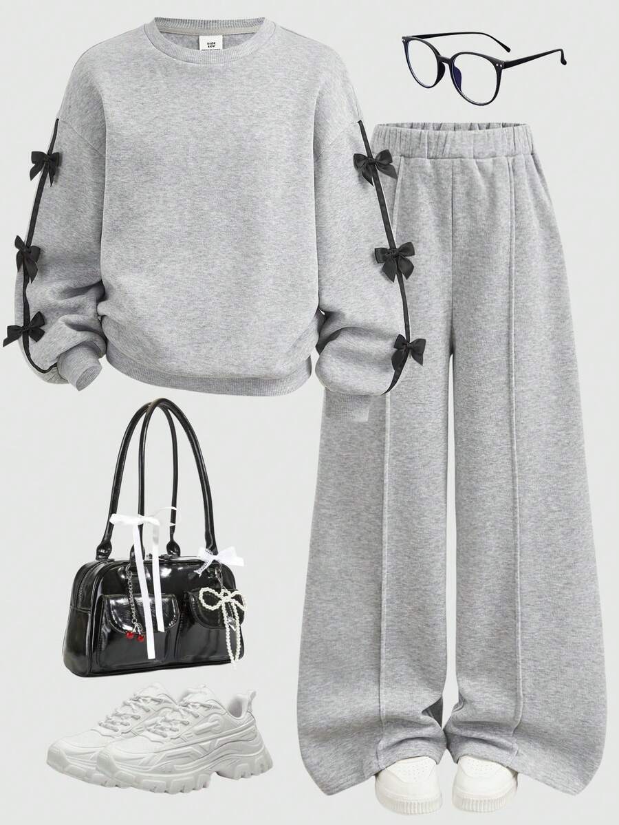 SHEIN Girlism 青少年女孩秋冬時尚灰黑蝴蝶結裝飾圓領長袖上衣與寬腿長褲運動衫套裝,返校季 - 灰色 - 查看 1
